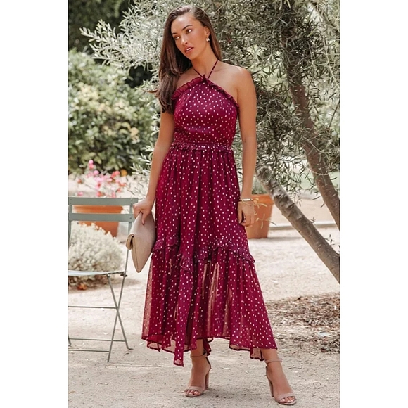 LAST ONE! Gold Polka Dot Halter Maxi Dress With With Ruffles - Picture 5 of 7